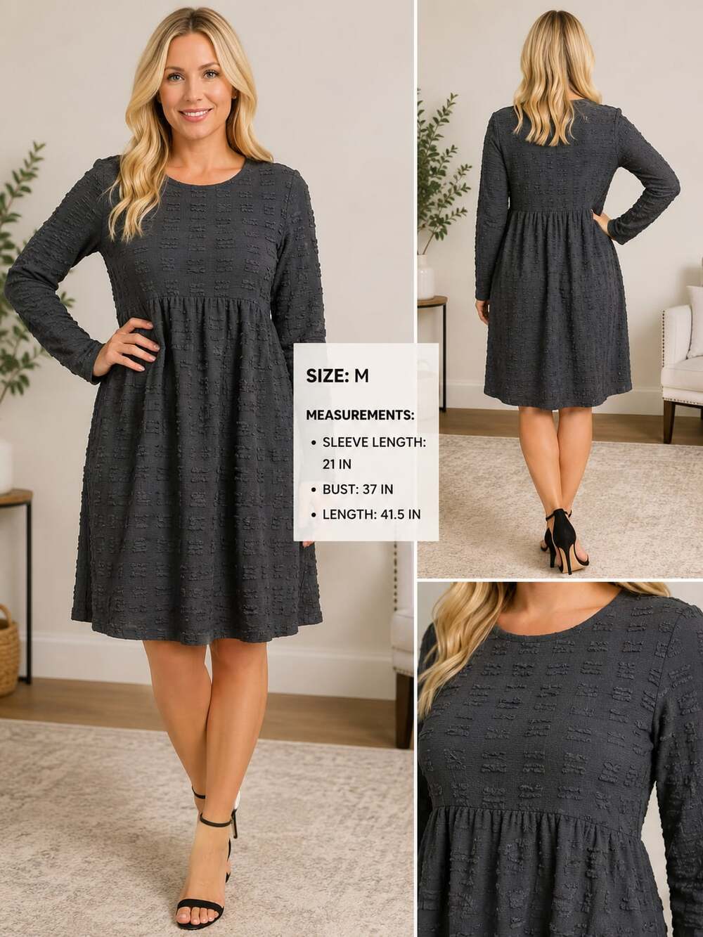 Friful Women's Long Sleeve Textured Babydoll Smock Dress
M-85